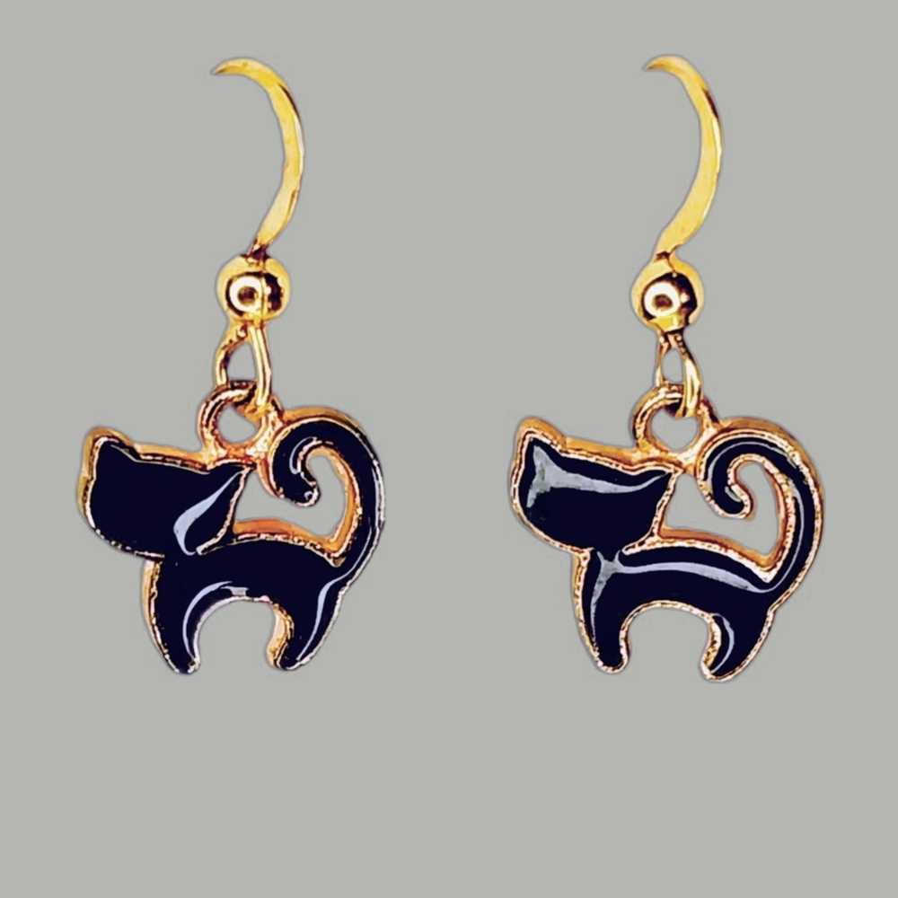 The Black Cat Gold French Hook Earrings- Gift Boho Occult Witchy Spells